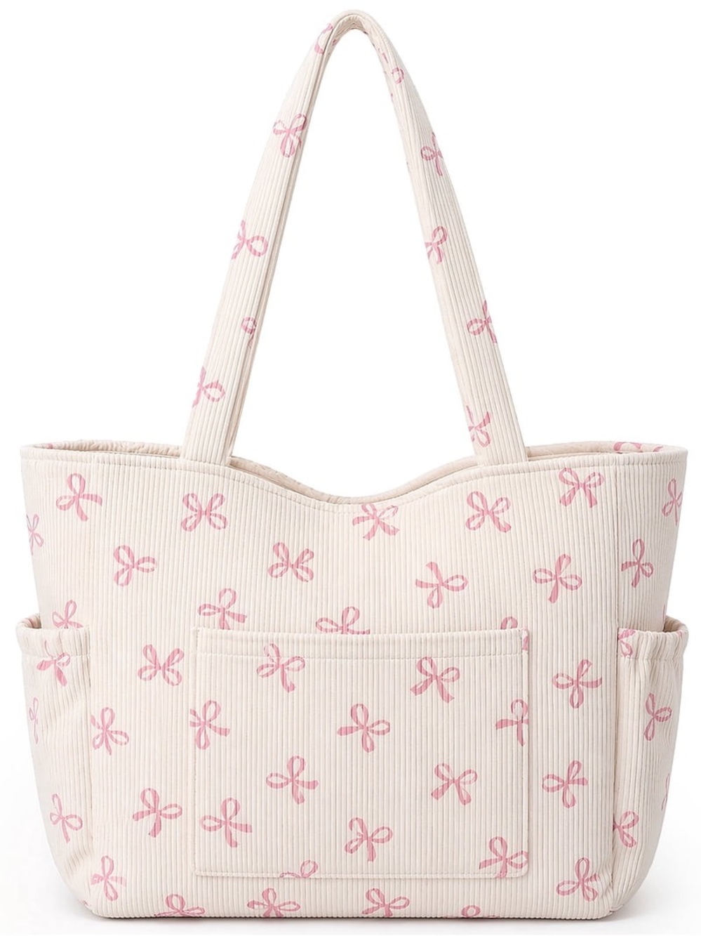 Cream Tote Bag with Pink Bow Print for Women W